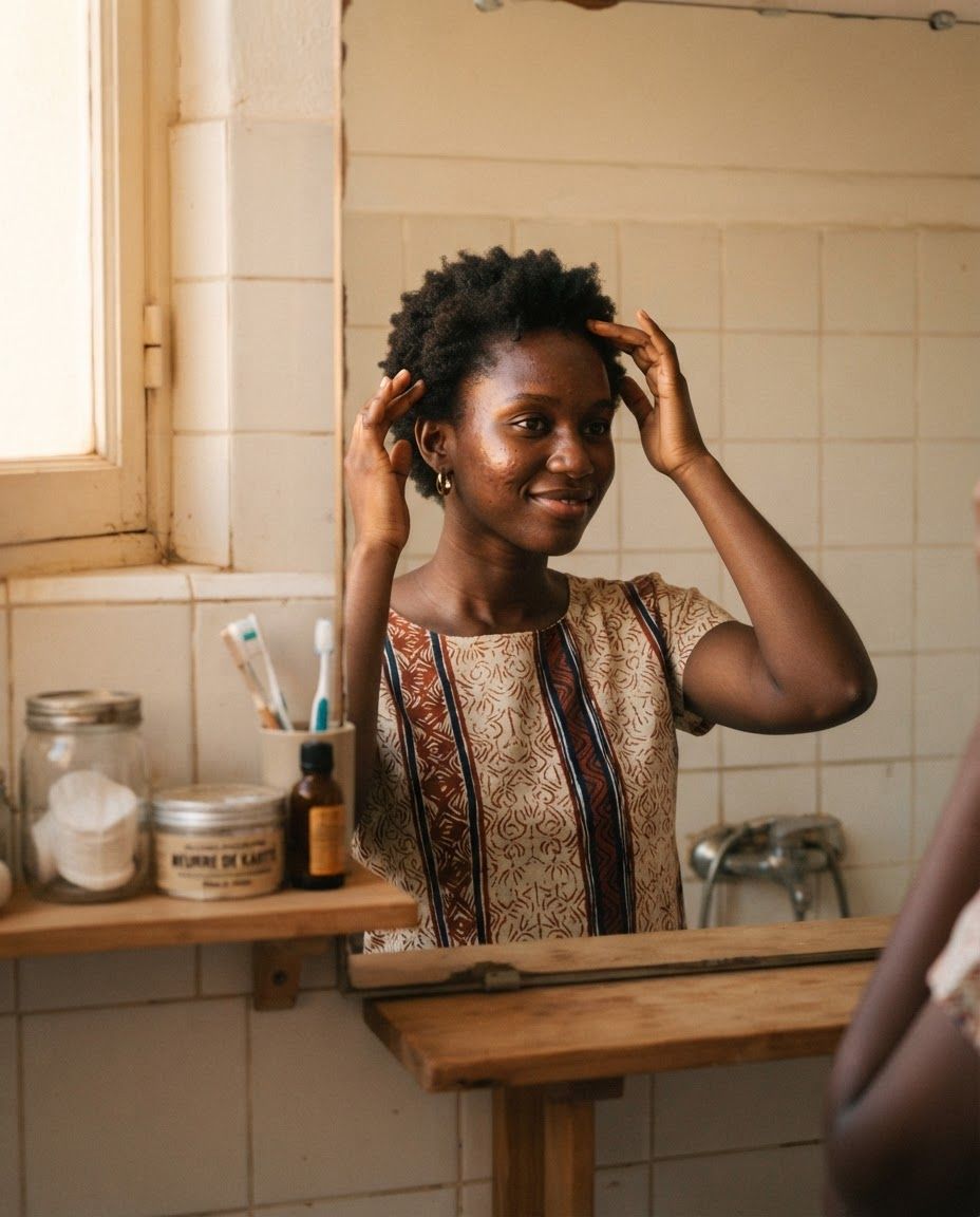 Une femme aux cheveux naturels touche ses tempes devant un miroir, dans la lumière dorée du soir