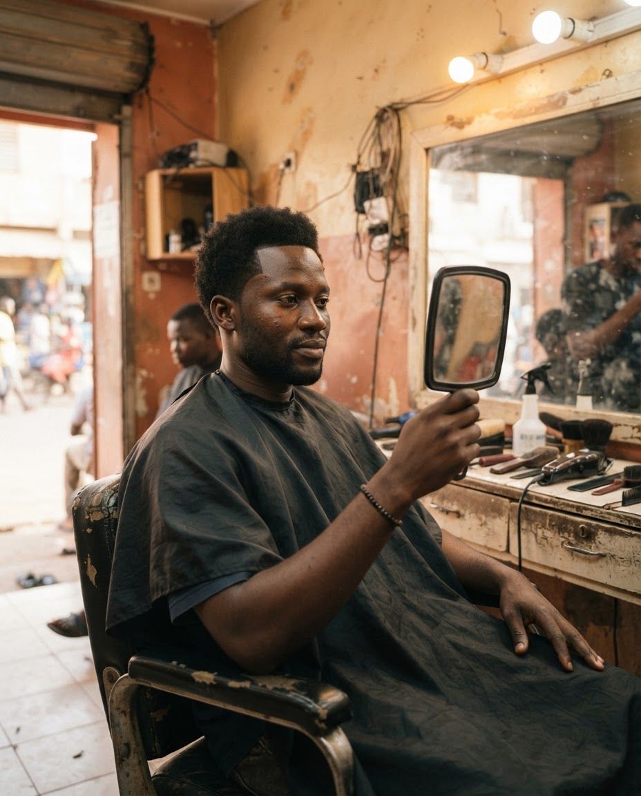 Un homme assis chez le coiffeur regarde sa ligne frontale dans un miroir à main